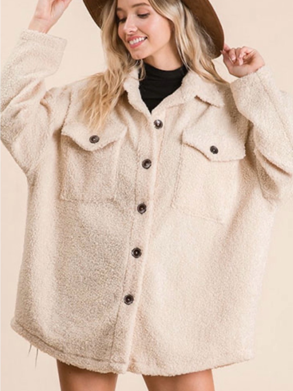 a.n.a Cream Teddy Shacket with Front Pockets